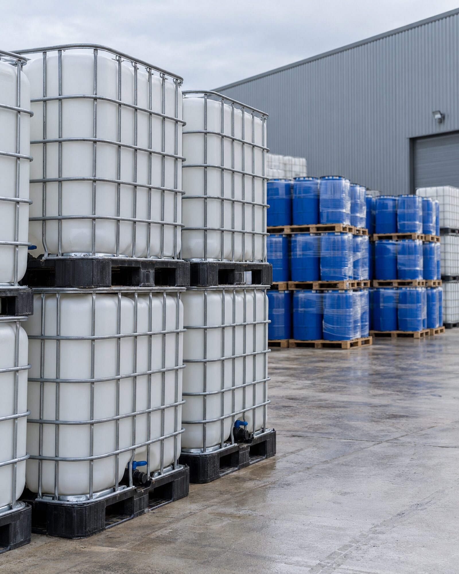 Conteneurs IBC et fûts plastique bleus stockés sur une aire industrielle